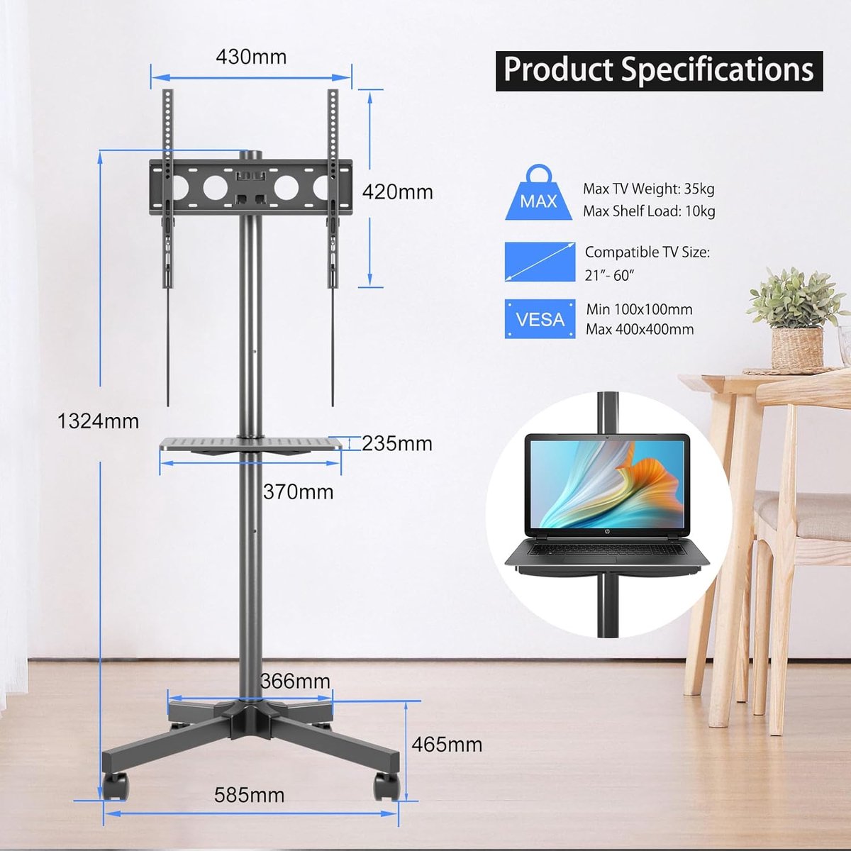 Mobiele tv-standaard met wielen die rollen voor 32-75 inch LCD-LED, in hoogte verstelbare vloer tv-kar met plank voor maximaal 150 lbs, draagbare lange tv-standaard, Max VESA 600x400mm