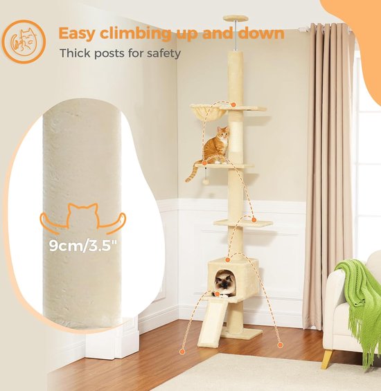 PAWZ Road Krabpaal voor katten, van vloer tot plafond, in hoogte verstelbaar van 216 cm tot 273 cm, met veel activiteitenruimte, hangmat en kattenmandje, antivalriem, 5 niveaus, grijs