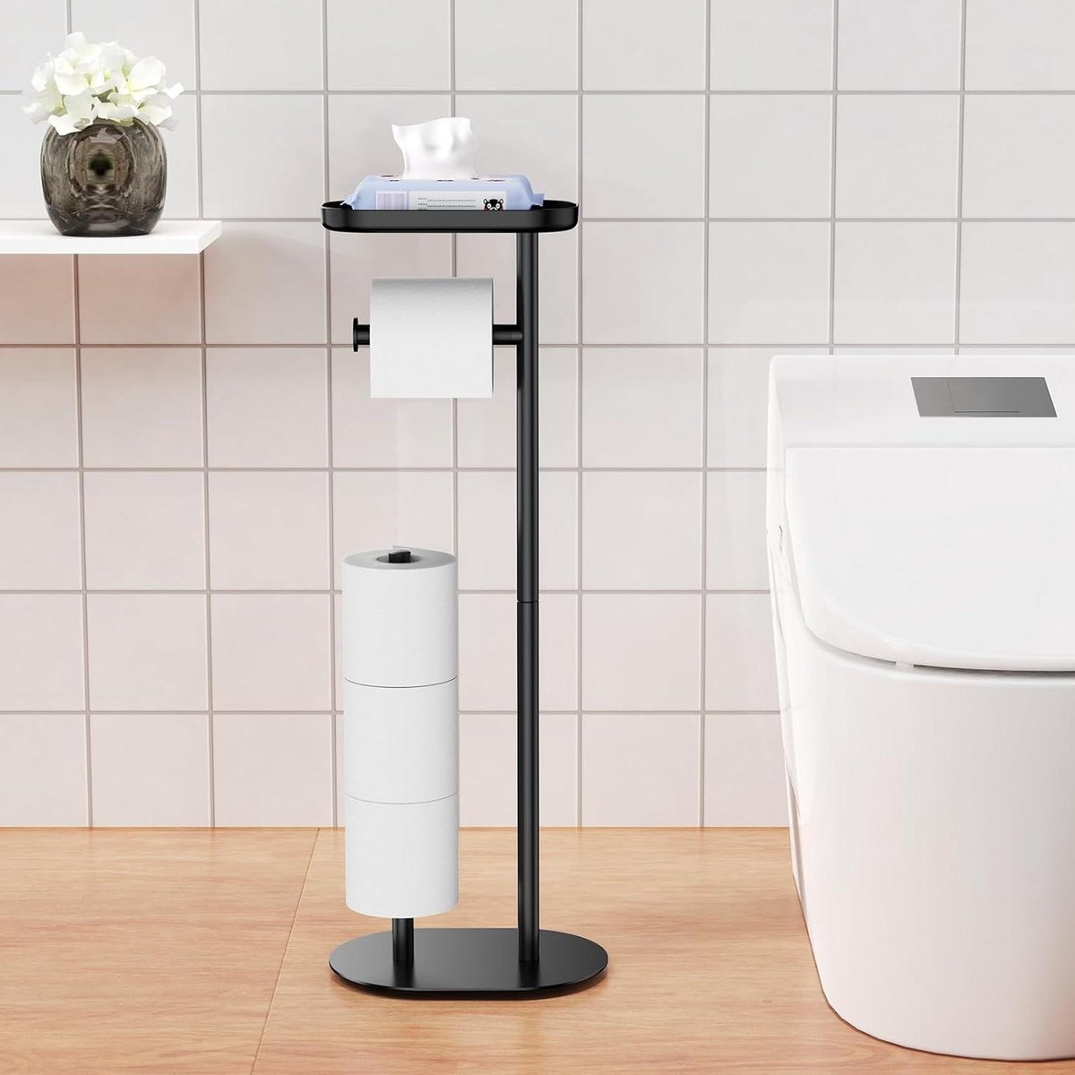 Toiletrolhouder staand zwart met opbergvak - Vrijstaande toiletpapierhouder voor badkamer