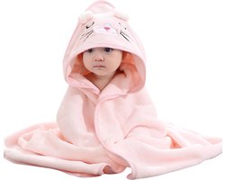 Roze Kat - Badcape - Baby Handdoek - Zachte Poncho - Badhanddoek - Met Capuchon - Badponcho - Dieren - Baby fleecedeken - Baby en Peuters - 0-3 jaar - Babydeken - Babycape - Wikkeldeken - Kraamcadeau - Handdoek - Kleuter - Multifunctionele