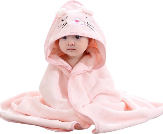 Roze Kat - Badcape - Baby Handdoek - Zachte Poncho - Badhanddoek - Met Capuchon - Badponcho - Dieren - Baby fleecedeken - Baby en Peuters - 0-3 jaar - Babydeken - Babycape - Wikkeldeken - Kraamcadeau - Handdoek - Kleuter - Multifunctionele