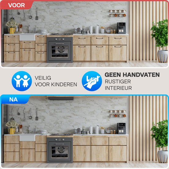 Keukenfronten zonder handvatten ('Na') vergeleken met keukenkastjes met handvatten ('Voor').