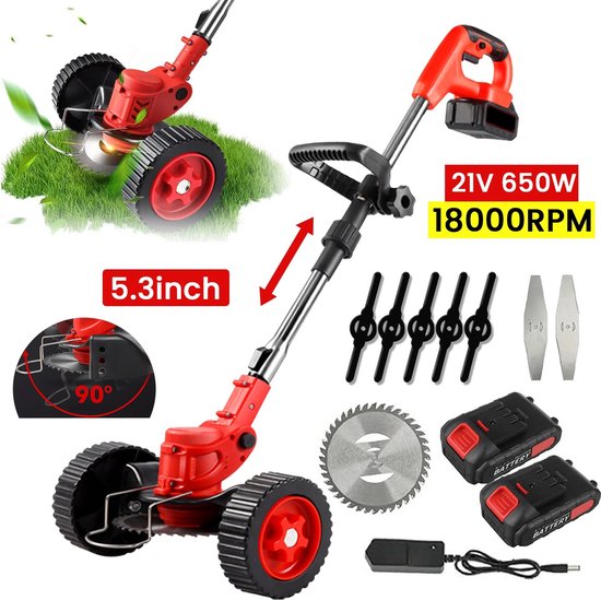 Collage van rode grasmaaier, inclusief specificaties 21V 650W 18000RPM, 5.3 inch snijbreedte, 90 graden verstelling en meegeleverde onderdelen.