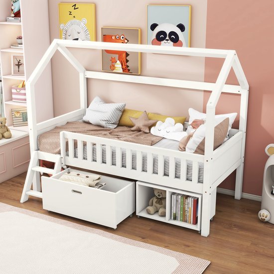 Sweiko Huisbed, Kinderbed, Jeugdbed 200x90cm, Met Lades en Opslagvakken, Geschikt voor Jongens en Meisjes, met Uivalbeveiliging, Wit