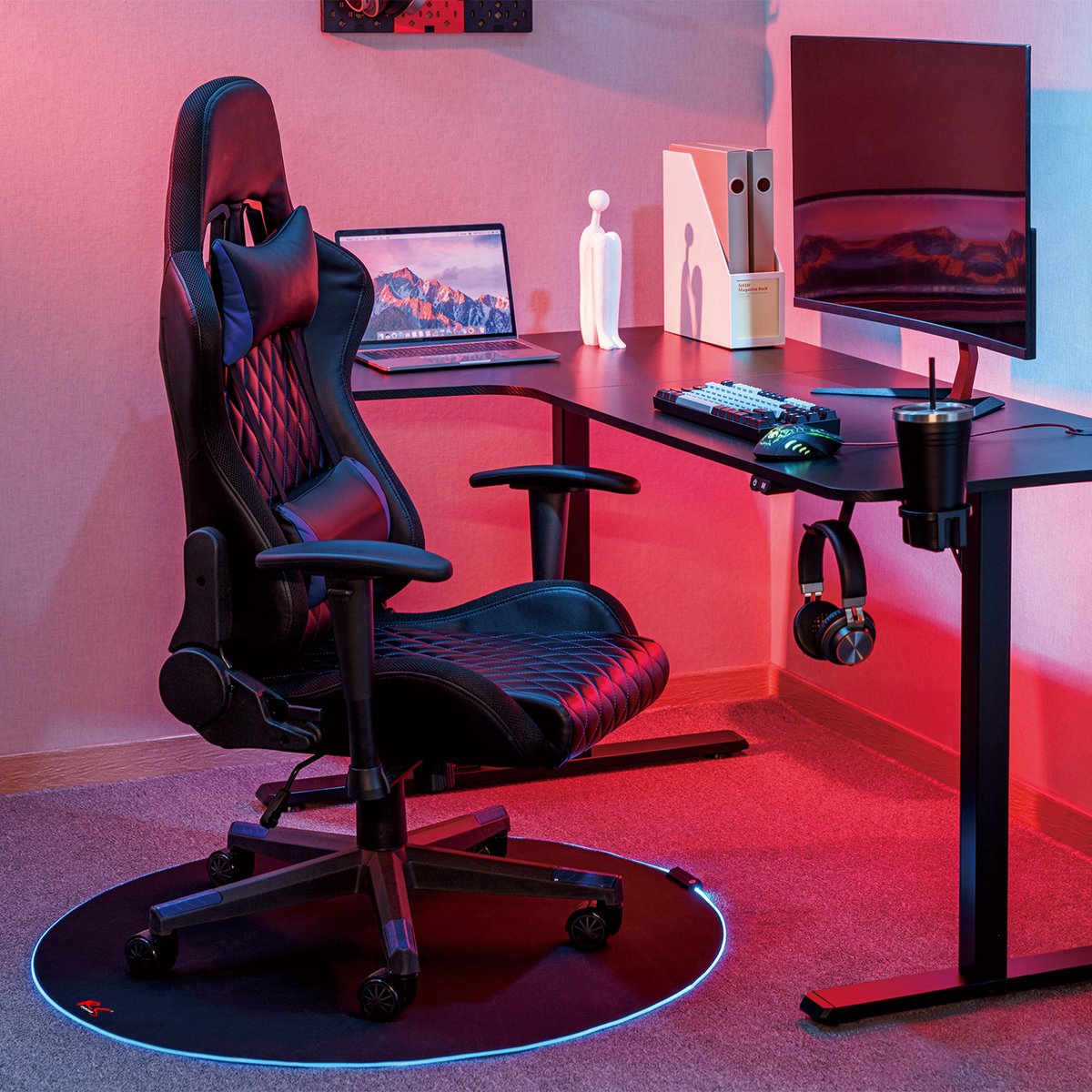 NanoRS - Bureaustoelmat - Mat voor gamestoel - RGB-achtergrondverlichting blauw - 100cm, RS171 - Zwart