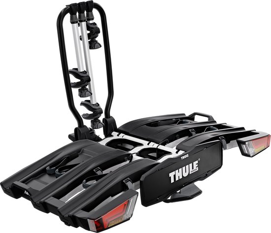 Porte-vélos Thule noir avec accents blancs, déplié et prêt à l'emploi.