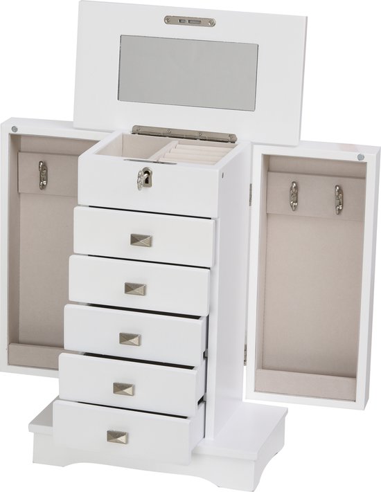 HOMCOM Sieradenbox sieradenkastje wit met schuiflades spiegel wit 501-029