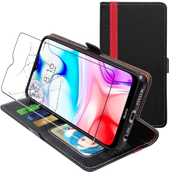 ebestStar - Coque compatible avec Xiaomi Redmi 8 8A, Etui Portefeuille, Housse Pochette Protection PU Cuir, Porte Carte, Noir / Rouge + Verre Trempé