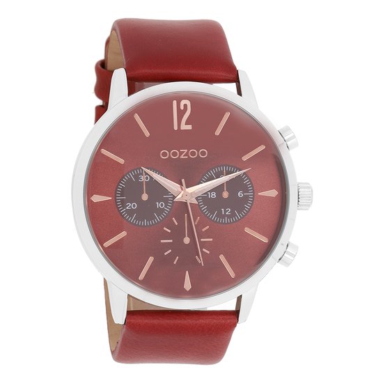 OOZOO Timepieces - Zilverkleurige horloge met bordeaux rode leren band - C10356