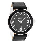 OOZOO Timepieces - Zilverkleurige horloge met zwarte leren band - C5390