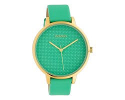OOZOO Timepieces - Goudkleurige horloge met biscay groene leren band - C10593