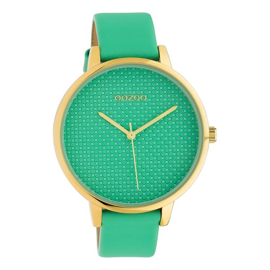 OOZOO Timepieces - Goudkleurige horloge met biscay groene leren band - C10593