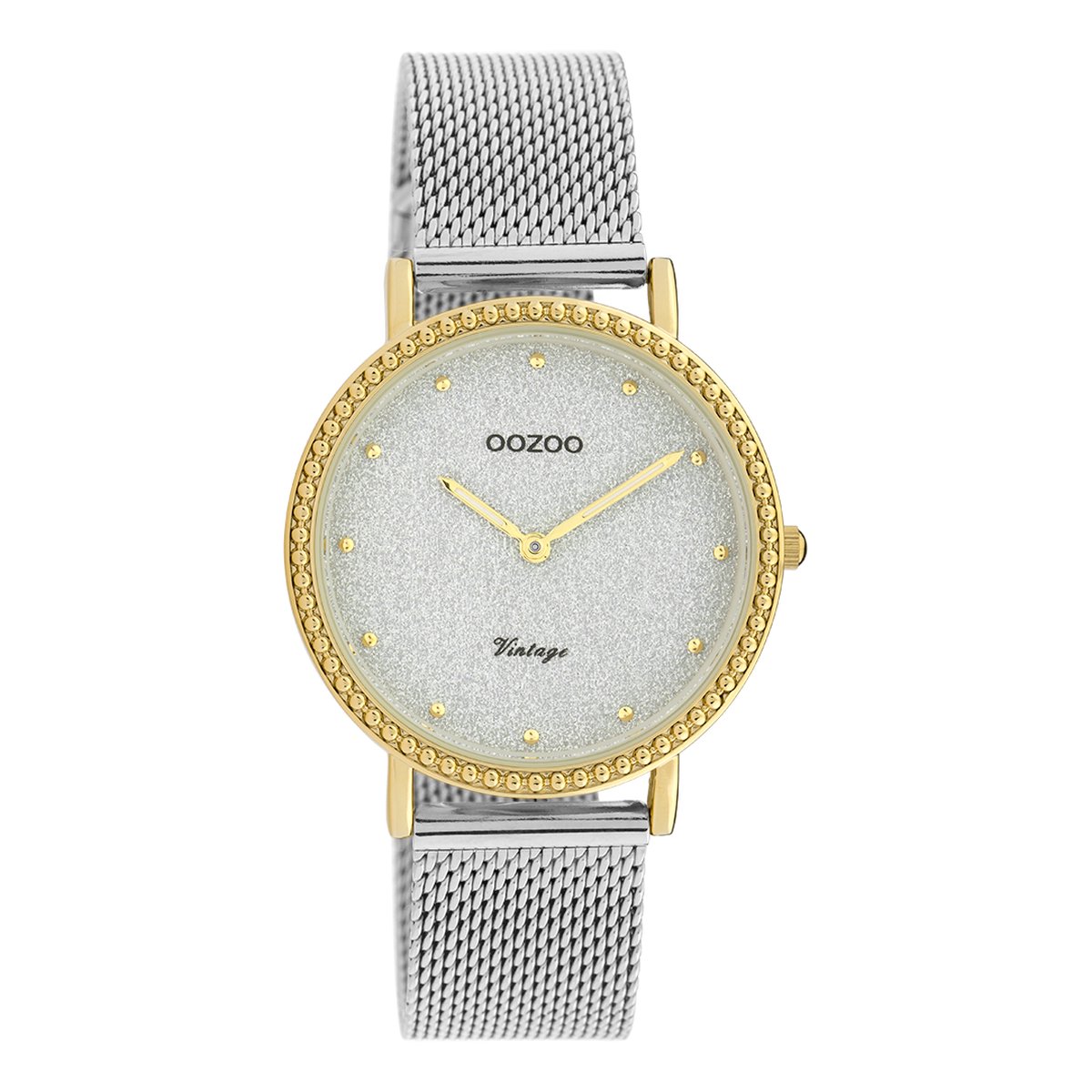 OOZOO Timepieces - Goudkleurige horloge met zilverkleurige metalen mesh armband - C20053