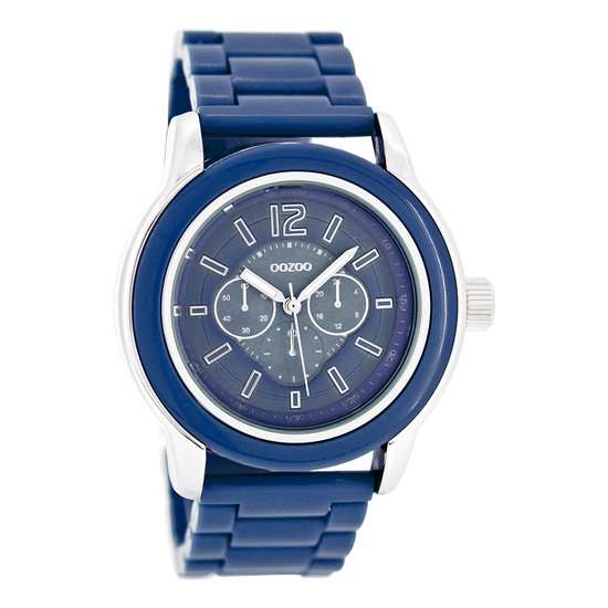 OOZOO Timepieces - Zilverkleurige horloge met blauwe kunststof horlogeband - C4942
