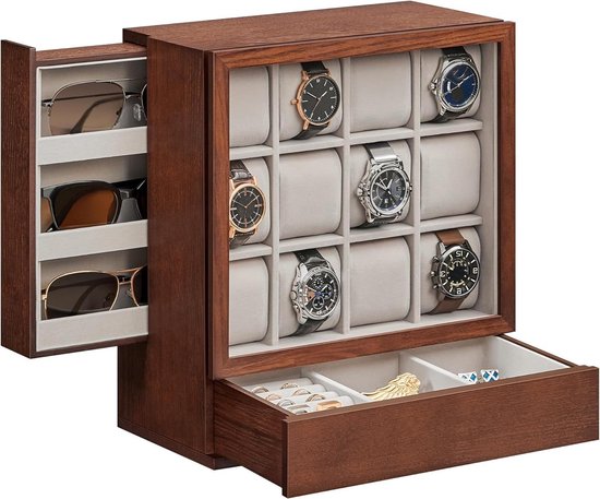 Houten horlogedoos met 12 sleuven - horlogevitrine met venster - massief houten fineer - verticale opslag - ruimtebesparend - cadeau-idee - koffiebruin