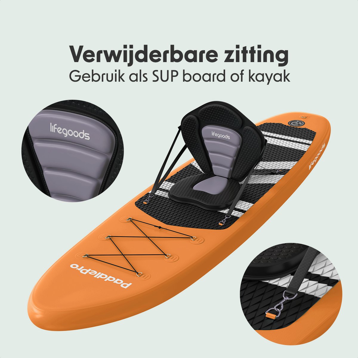 LifeGoods PaddlePro SUP Board - met Zitje - Opblaasbaar Paddle Board - Complete Set - Max. 150KG - 320x81cm - Oranje – foto 7