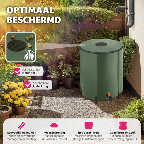 Groene opvouwbare regenton met fijnmazig netfilter en afneembare afdekking.