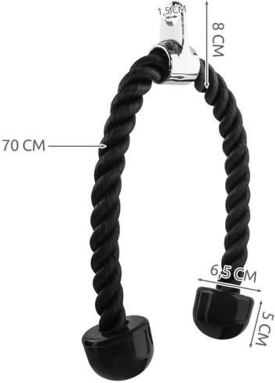 Afmetingen van een zwarte tricep rope: 70 cm touwlengte, 8 cm oog, 6,5 cm breedte en 5 cm hoogte van de uiteinden.