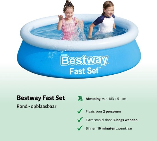 Piscine Opblaasbaar ronde Bestway à Set Fast - 183 x 51 cm - Blauw - Chlore inclus - Flotteur de chlore - Bandelettes de test - Kit de réparation - Brosse à récurer - PH-moins - PH-plus - Thermomètre
