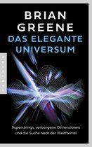 Boekomslag van 'Das elegante Universum' door Brian Greene, met een abstracte weergave van snaren en dimensies.