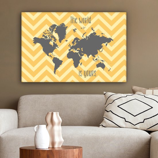 Une carte du monde grise avec texte anglais Toile 90x60 cm - Tirage photo sur toile (Décoration murale salon / chambre)