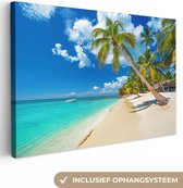 Peintures sur toile Plage - Mer - Bateau - Palmier - 120x80 cm - Décoration murale