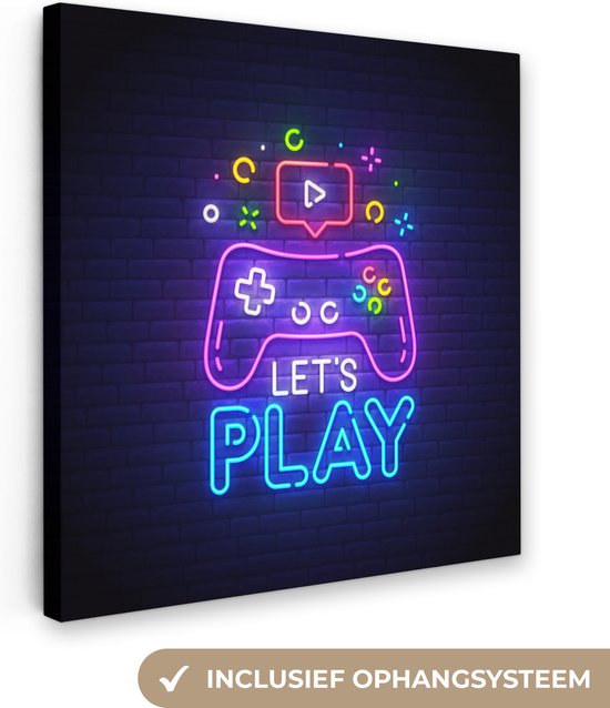 Canvas schilderij 50x50 cm - Wanddecoratie Gaming - Neon - Let's Play - Controller - Quotes - Muurdecoratie game room - Gaming kamer decoratie - Gameroom accessoires - Schilderijen