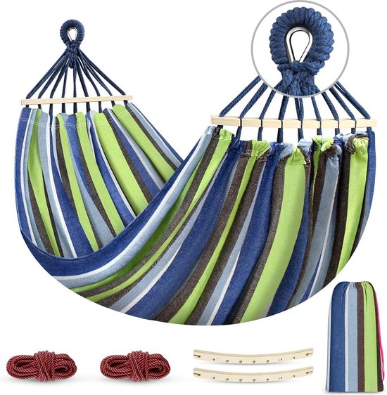 Hangmat outdoor campinghangmat met gebogen houten paal, bevestigingsriemen en draagtas... bol