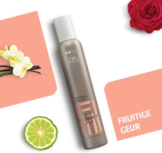 Wella EIMI Natural Volume mousse in zilverkleurige spuitbus met oranje logo, met vanille, roos en limoen.