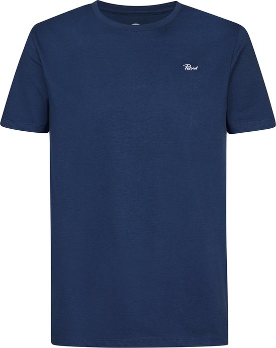 Marineblauw t-shirt met korte mouwen en een ronde hals met een klein logo op de borst.