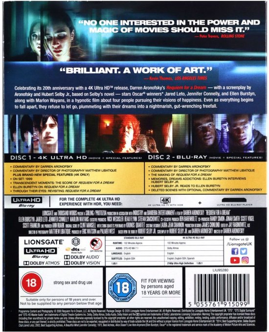 Achterkant van de 4K Ultra HD Blu-ray hoes met beschrijvingen, recensies en details van de film Requiem for a Dream.