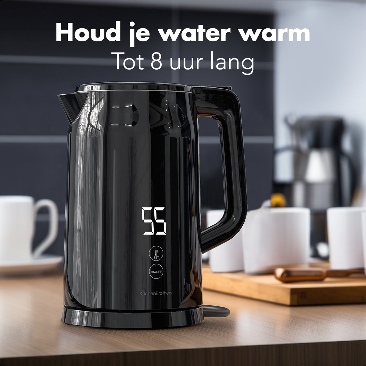 KitchenBrothers Waterkoker - 1.7L - Met Temperatuurregeling - PFAS- & BPA-vrij - Warmhoudfunctie - Display - Dubbelwandig - 2200W - Zwart — afbeelding 6
