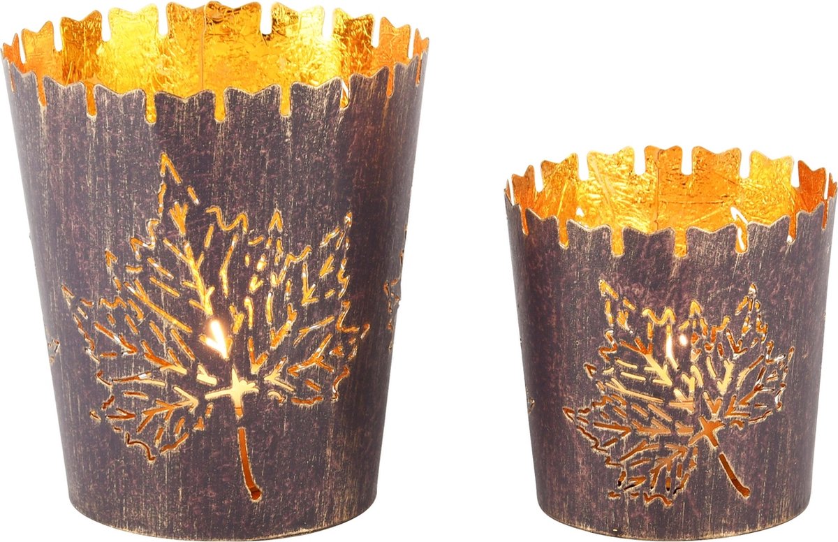 dekoratief Set 2 theelichthouders 'Maple Leaf', metaal, 10x10x11cm | A248136 goud