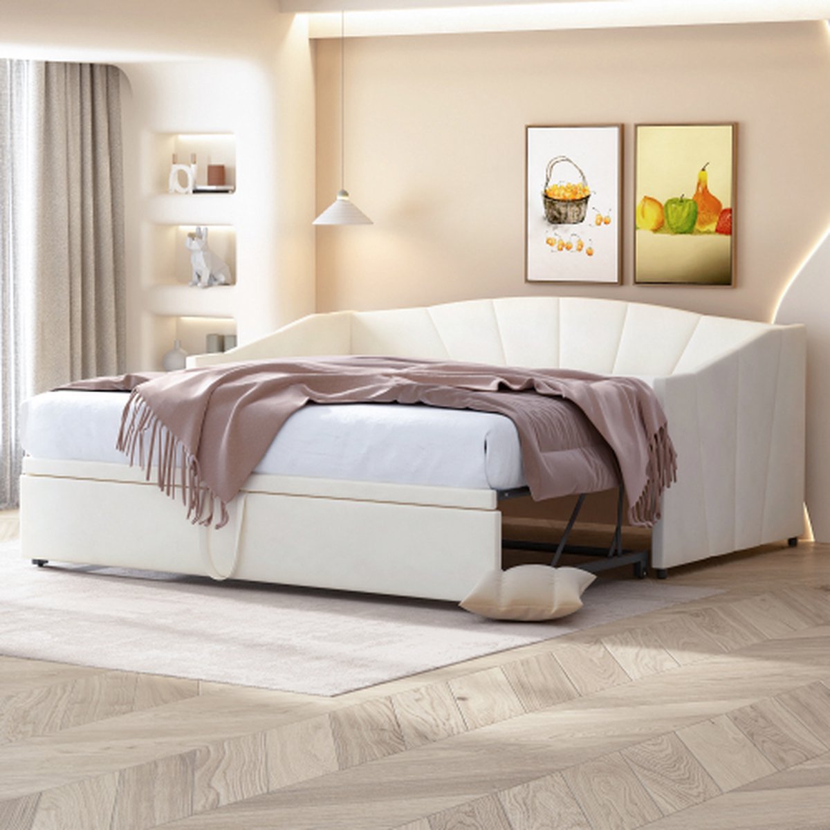 Gestoffeerde bed slaapbank 90/180*200 cm met lattenbodem, multifunctioneel bed van huidvriendelijke fluwelen stof beige