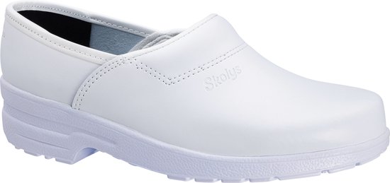 Witte Skolys instapklomp, zijkant profiel met stiksels.