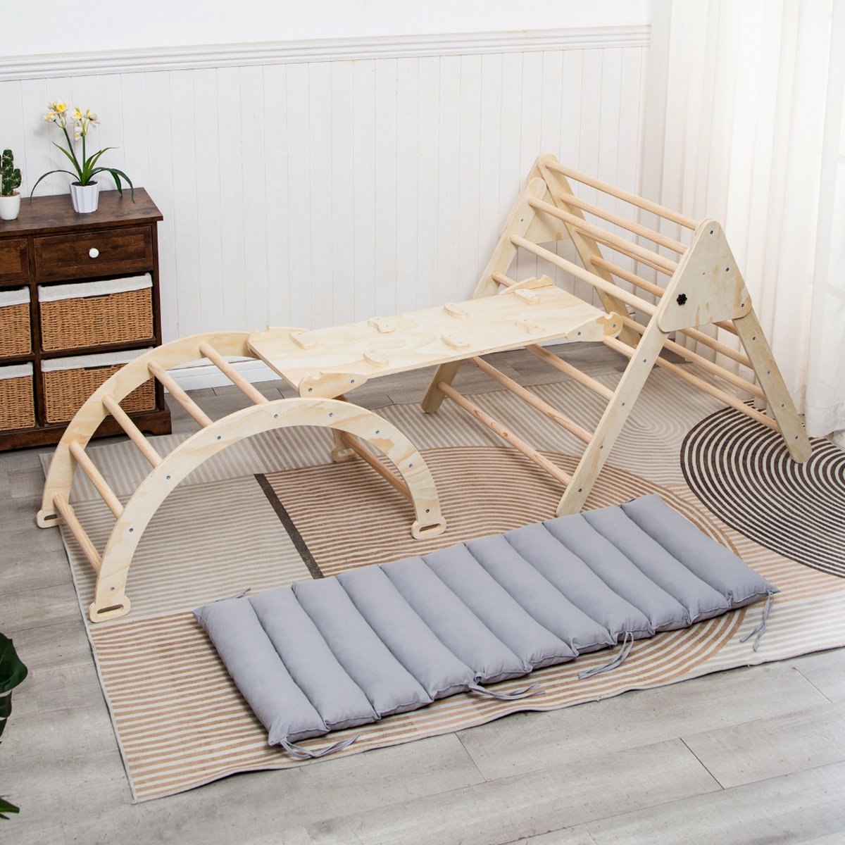 Buxibo XXL Klimrek - Opvouwbare Driehoek + Klimboog met Kussen + Helling met Glijbaan - Montessori Meubels Houten Speelgym - Naturel - 210x83x81cm — afbeelding 9
