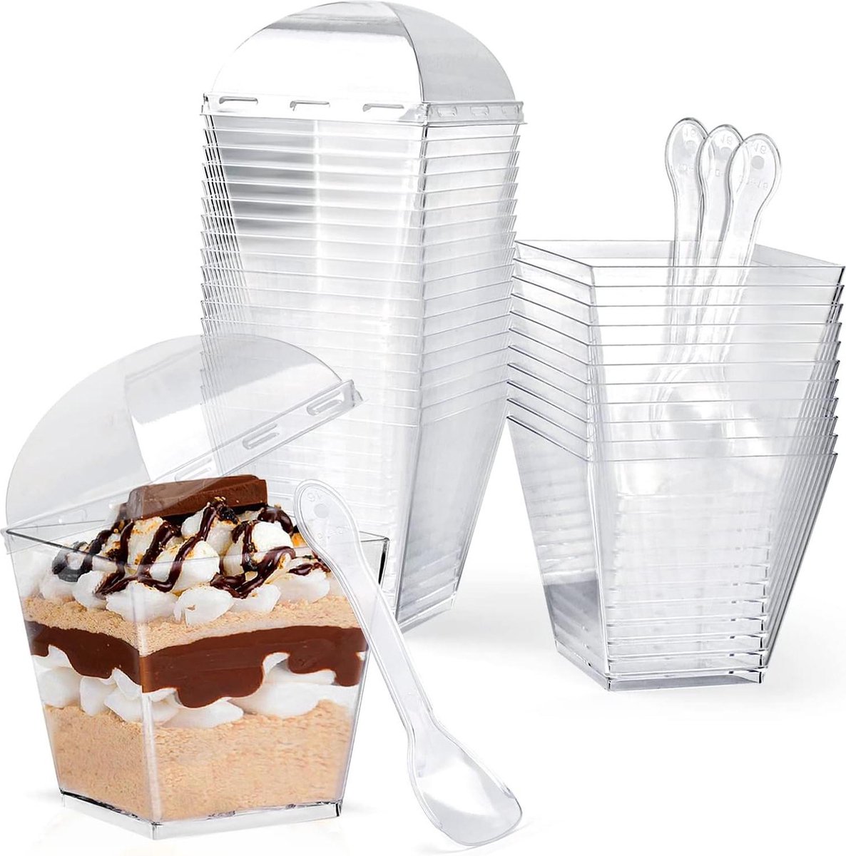 60 Verres à Dessert Avec Cuillères - 250 Ml, Plastique Transparent - Motif Floral, Réutilisables - Pour Fêtes, Mariages