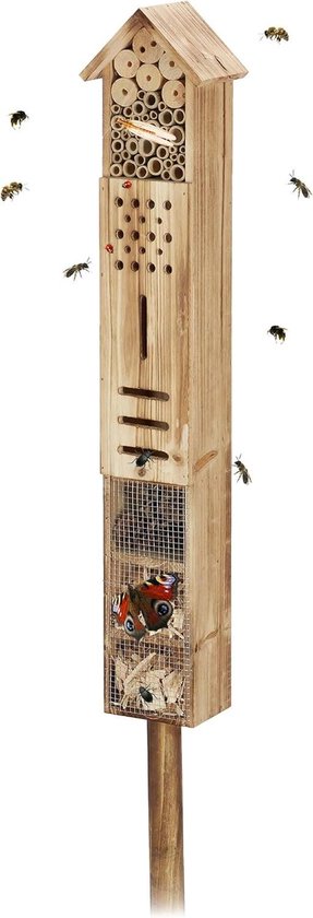 Insectenhotel geel hout insectenhuis tuin nestkast H26cm