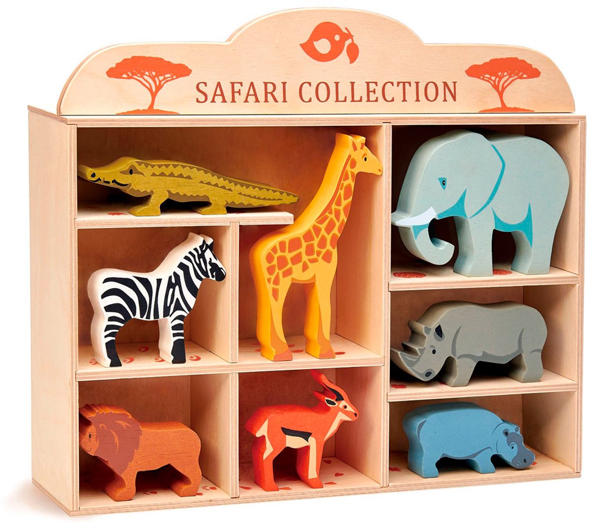 TENDER LEAF Houten Dieren - Set Safaridieren - 8 Verschillende Figuren - Met Display Plank - 3 Jaar