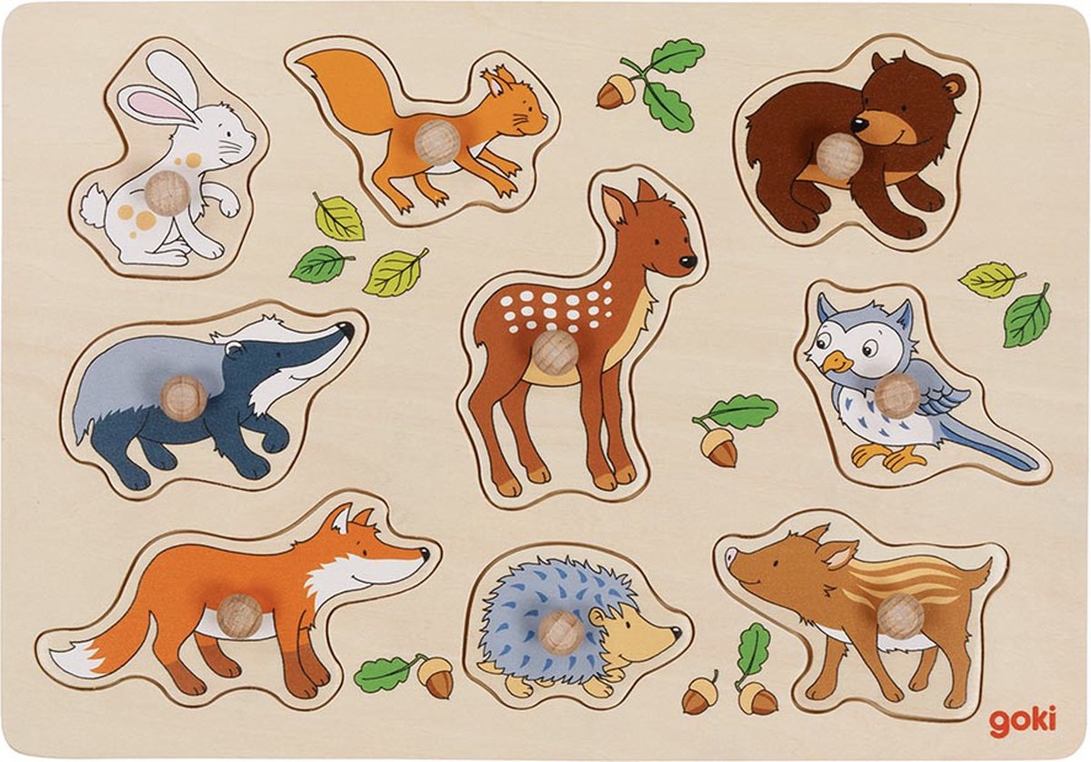 GOKI Steekpuzzel - Bosdieren - 9 Delen - 30X21X2,4Cm - Hout - 1 Jaar