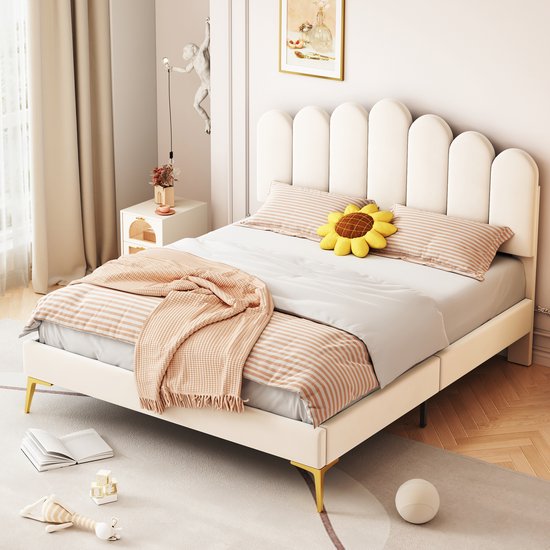 Foto: Sweiko gestoffeerd twin bed 140 x 200 cm bedplaats met hoofdeinde en flat noedles frame volwassen jeugdbed gastenbed huidvriendelijk fluweel beige