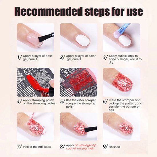 Stappenplan voor het aanbrengen van nail art met stempels: basis gel, kleurgel, latex, stempel met rode lak, schrapen, patroon overbrengen, latex verwijderen, top coat, klaar.