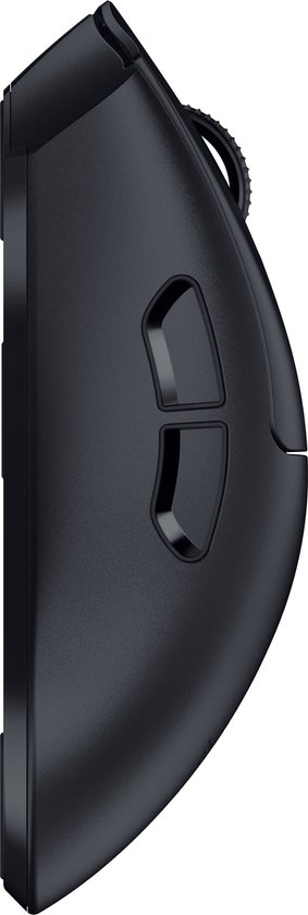 De zijkant van een zwarte Razer gaming muis met twee programmeerbare knoppen.