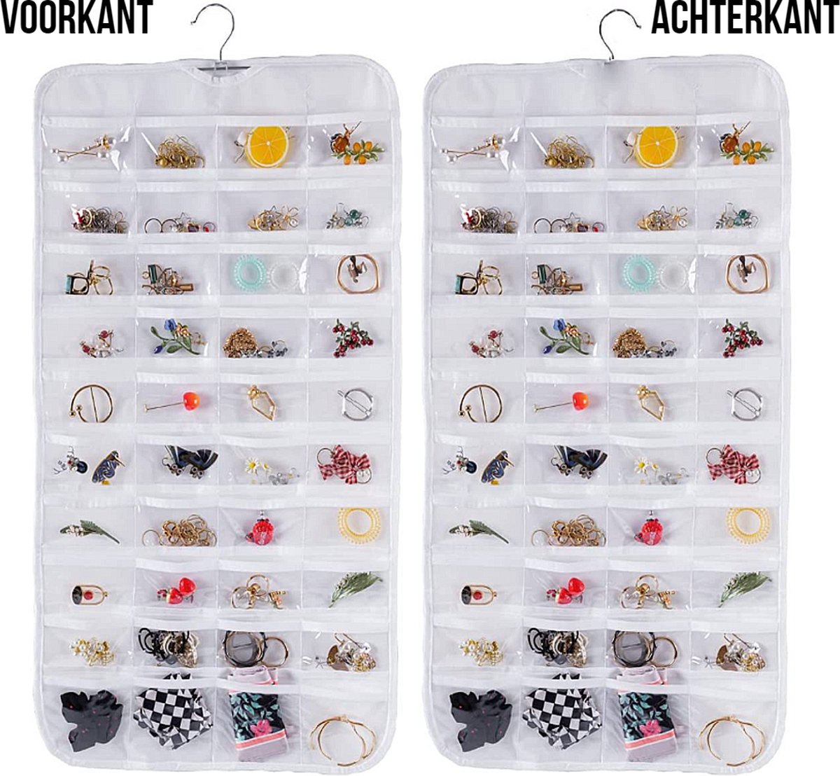 Allernieuwste.nl® Sieraden Organizer Dubbelzijdig Opbergsysteem Hanger - 2x 40 vakjes Oorbellen Kettingen Juwelen - 80 vaks Kleur Wit