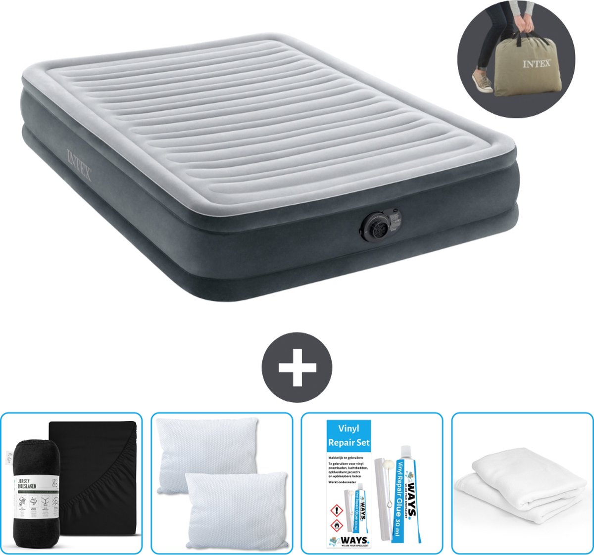 Intex Luchtbedset - Twijfelaar - 137 x 191 x 33 cm - Grijs - Met Ingebouwde pomp + Hoeslaken Zwart + Kussen + Molton 2 in 1 Kussenslopen + Reparatieset