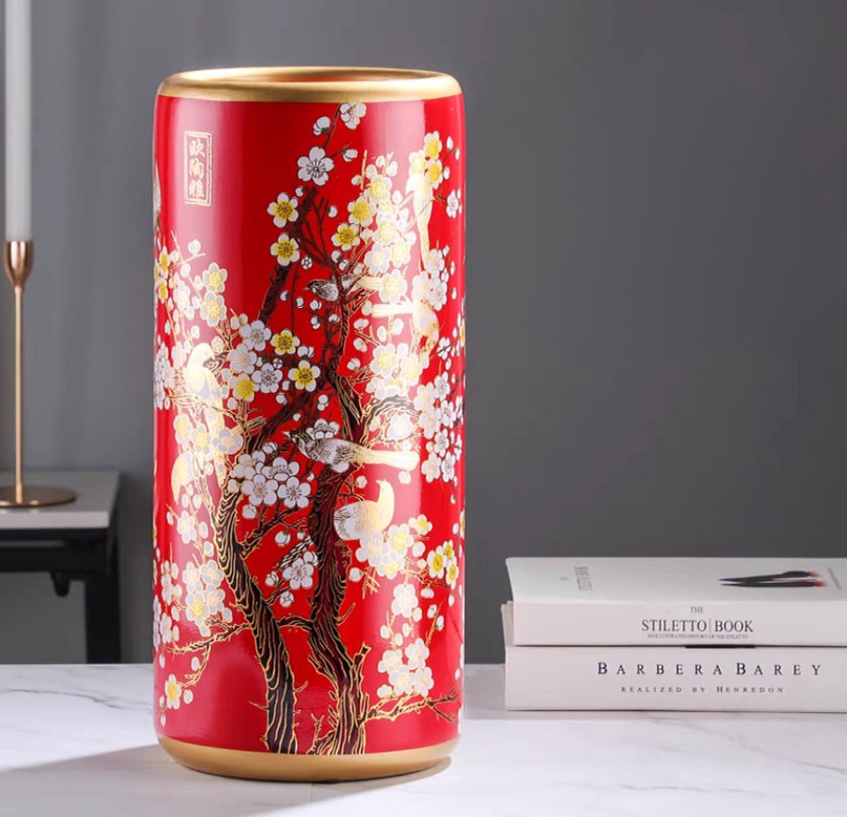 Fine Asianliving Keramische Parapluhouder Vaas Red Bloesems Handgemaakt Saki D20xH45cm