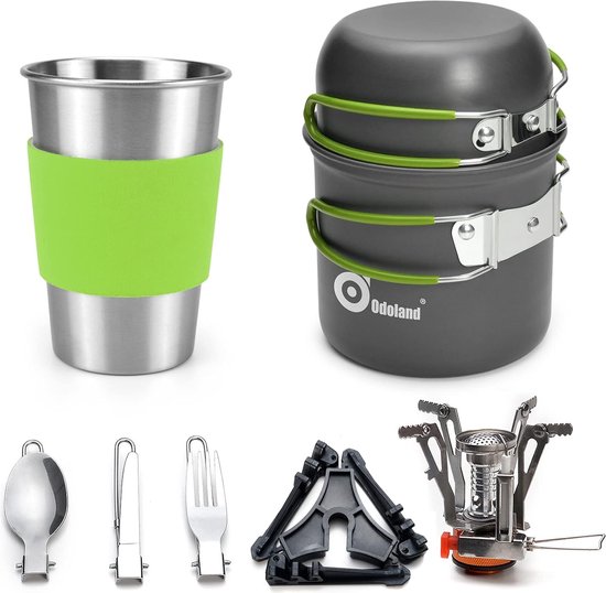 Odoland Kookgerei voor camping, campingpot en pannenset met kleine brander voor backpackers, roestvrijstalen beker, spork- en tankbeugel, kookuitrusting voor buiten, wandelen, picknick, kampvuur