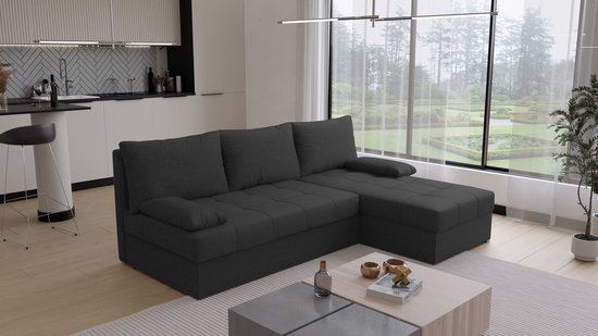 Hoekbank Rabat - Universeel - Stof - Zwart - Slaapbank met opbergruimte - Links of Rechts - Direct Leverbaar - Hoekzetel - Chaise longue - Zetel met slaapgedeelte - 3 zits - Zitcomfort stevig