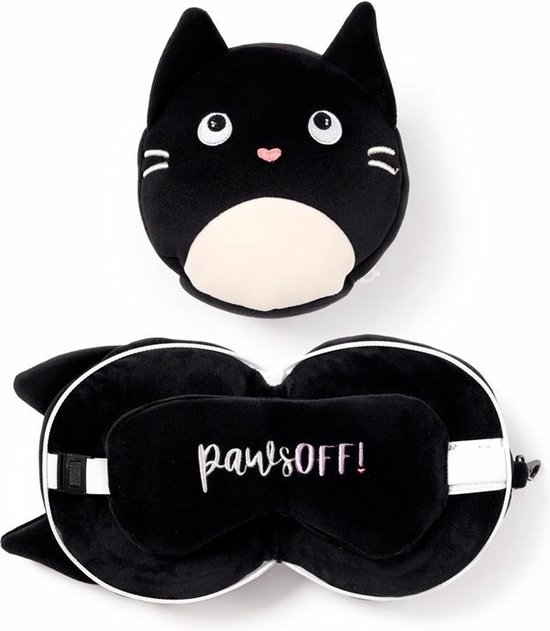 Oreiller de voyage et masque de sommeil – Relaxeazzz Feline Fine Round – Noir et blanc – 16,5 x 13,5 x 10,5 cm/15 x 28 x 7 cm.