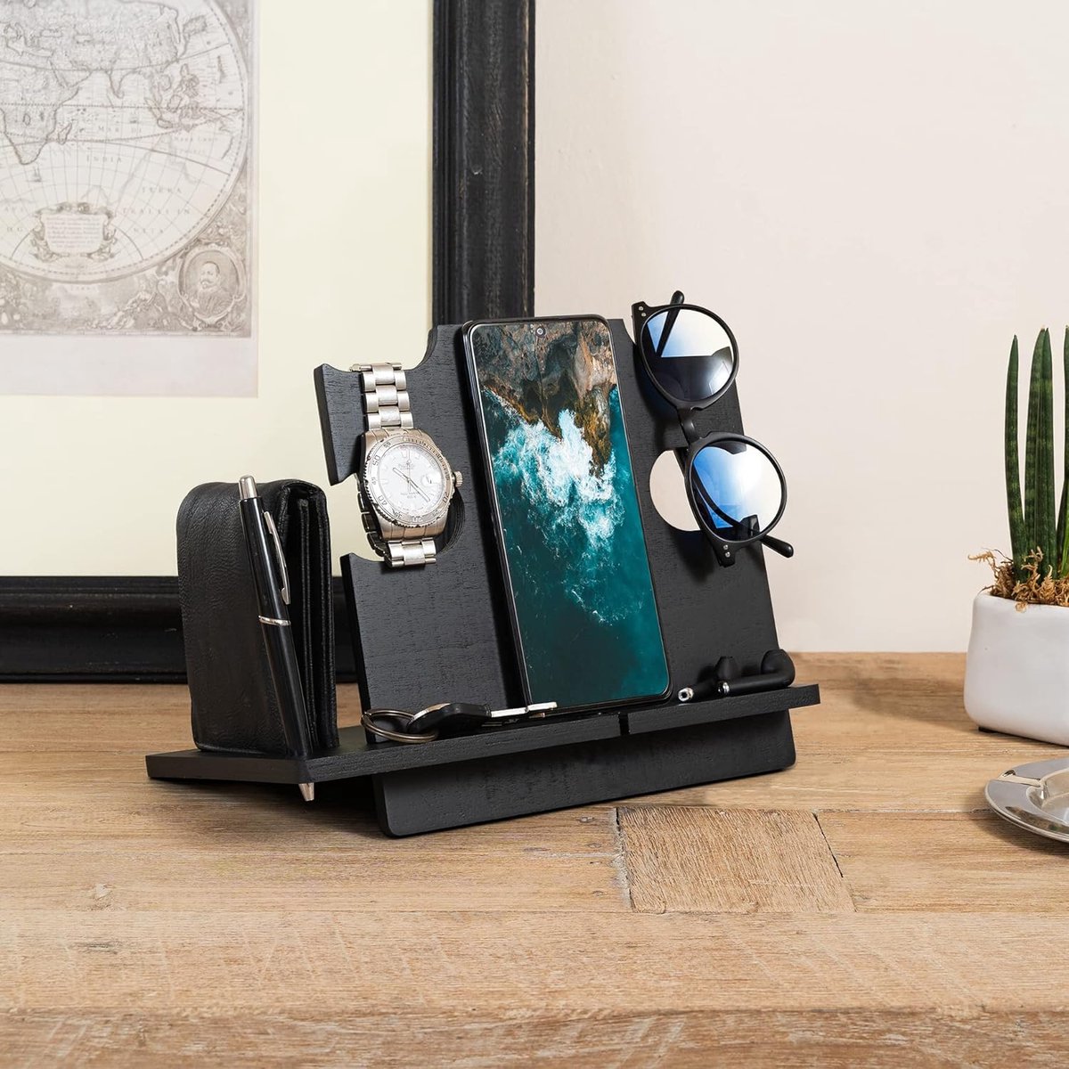 Bureau-organizer cadeau voor heren, origineel, nuttig, telefoonhouder, hout, cadeau voor Valentijnsdag, heren, geschenken, geschenken, vader, houten dockingstation, cadeau verjaardag, man